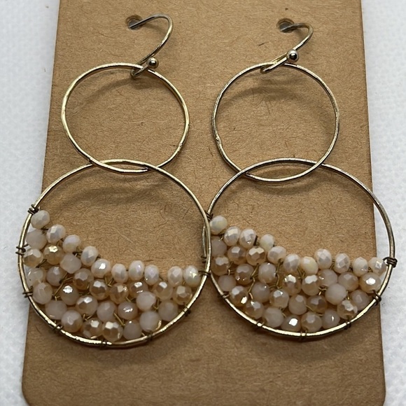 Earrings Beaded Double Hoops Blush Pink and Gold Tone Hooks - Picture 3 of 3